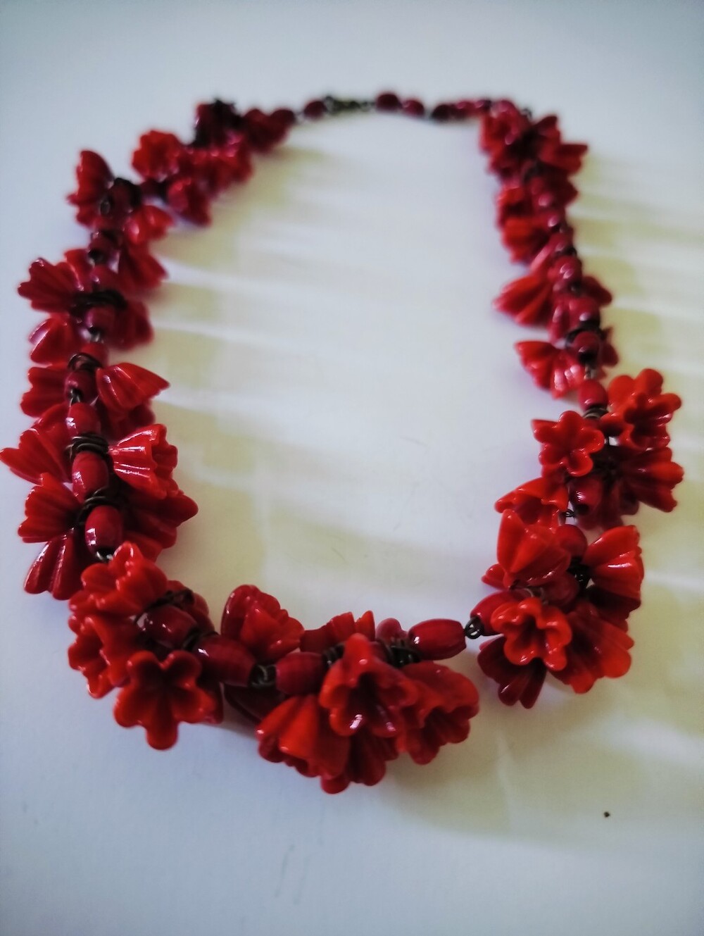 Vintage Unsigned Haskell Red Carved Floral Cluster & Bead Necklace Hand Wired